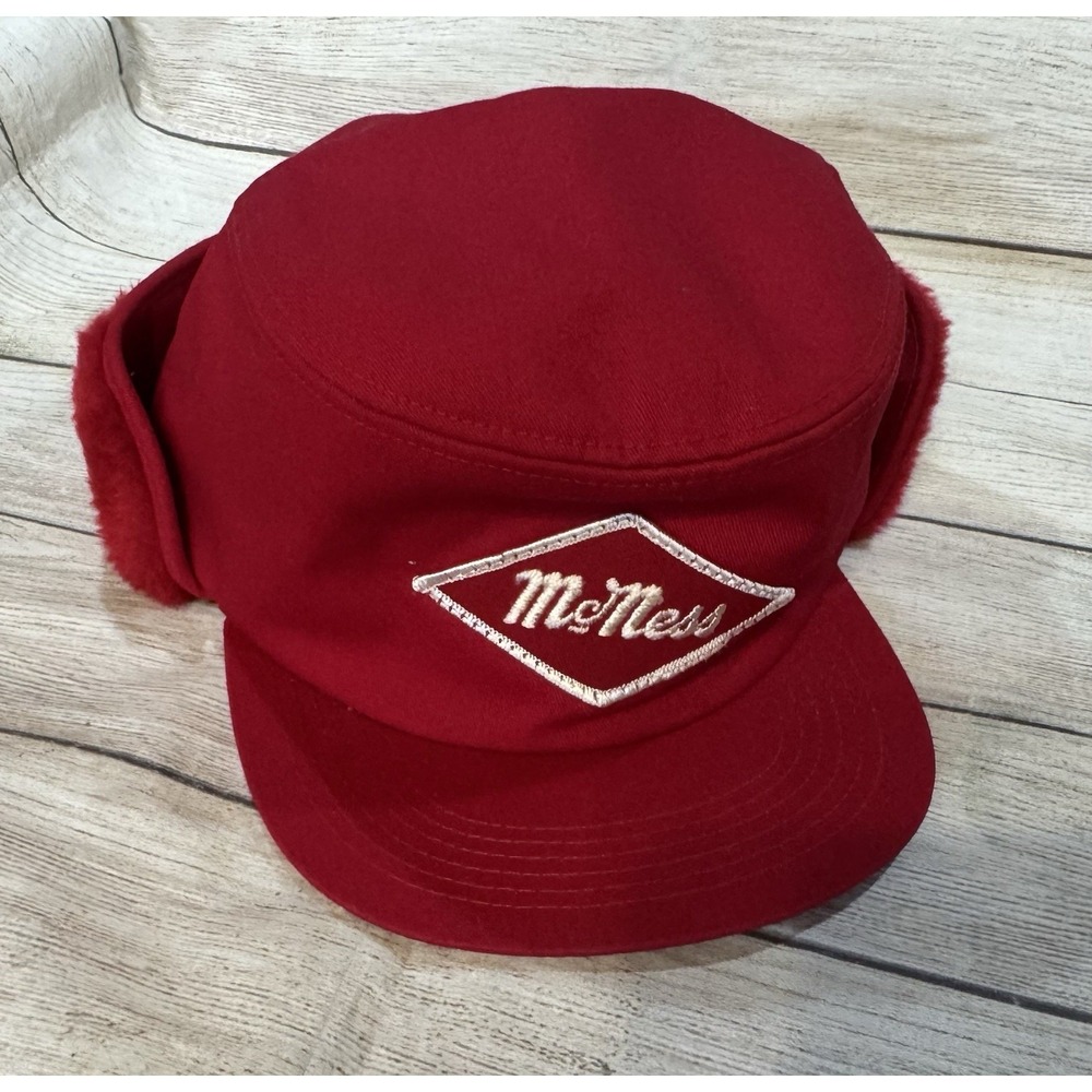 Vintage K Brand McNess Winter Ear Flap Red Lined Hat Cap Sz M - L  USA MADE TbB6